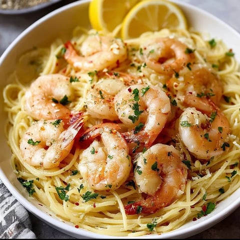 A bowl of shrimp and pasta.