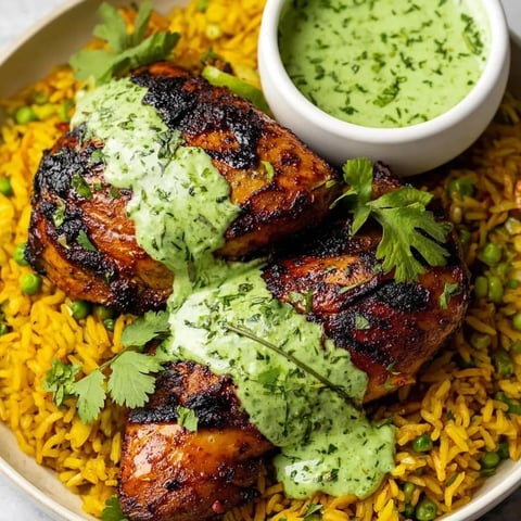 A bowl of rice with chicken and sauce.