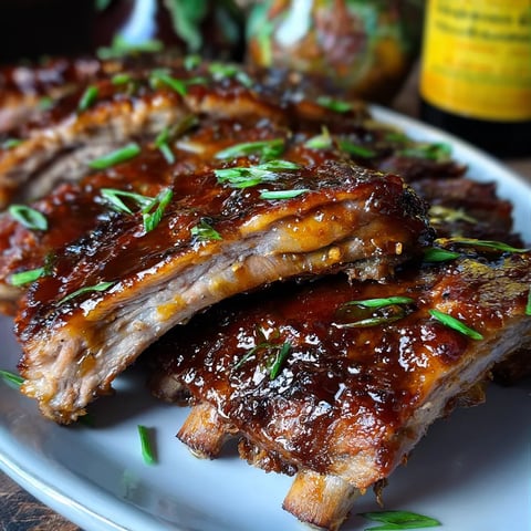 A plate of BBQ ribs with sauce.