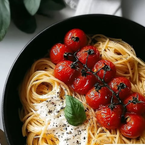 A bowl of spaghetti with tomatoes and basil.