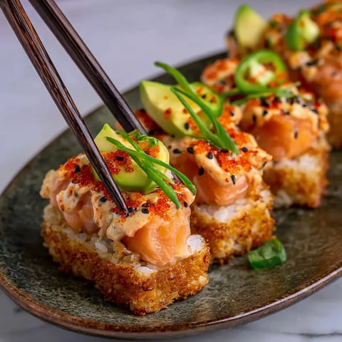Sushi with avocado and seafood on a plate.