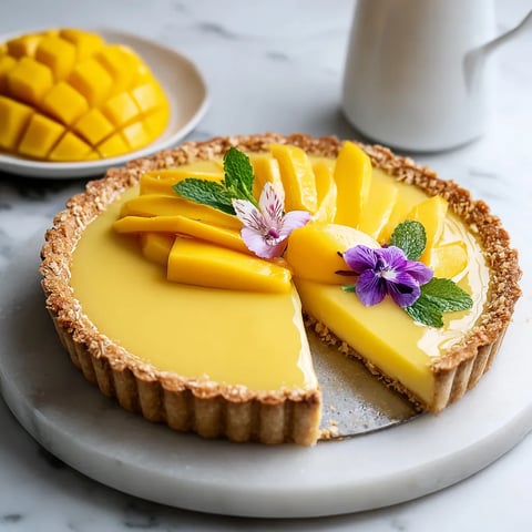 A slice of mango pie with a flower on top.