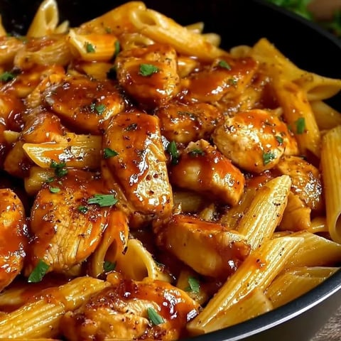 A bowl of chicken and pasta.