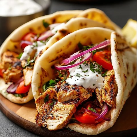 Two chicken wraps with tomatoes and onions.