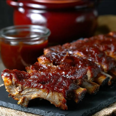 A BBQ rib with sauce on a black plate.