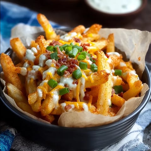 A bowl of cheese and bacon fries.