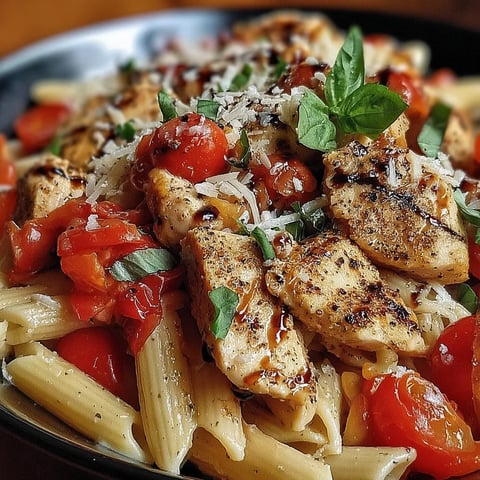 A bowl of pasta with chicken and tomatoes.