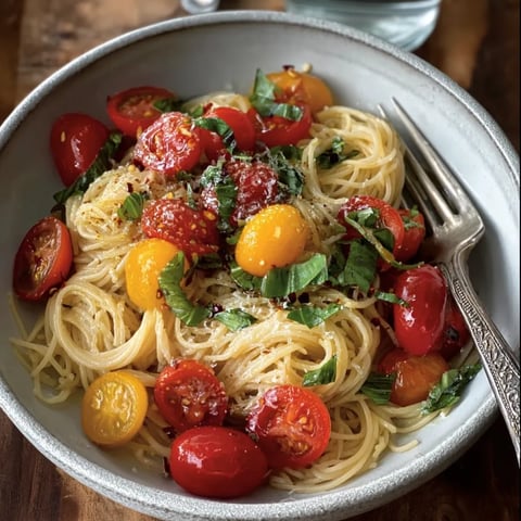 A bowl of pasta with tomatoes and basil.