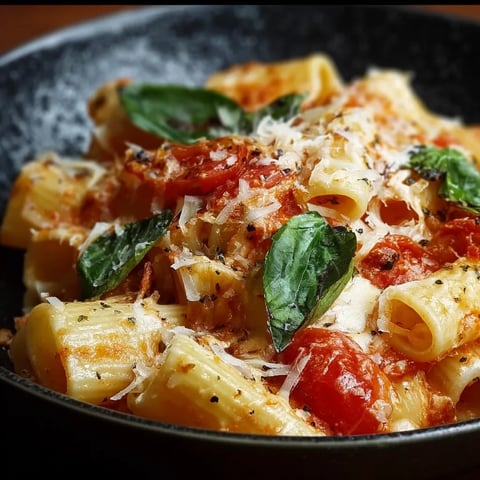 A bowl of pasta with tomatoes and cheese.