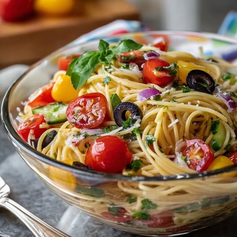 A bowl of pasta with tomatoes, olives, and basil.