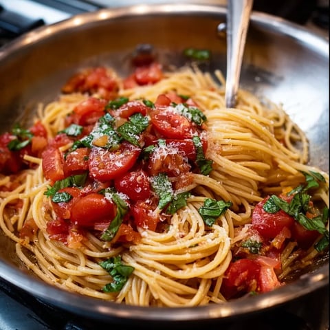 A bowl of pasta with tomatoes and basil.