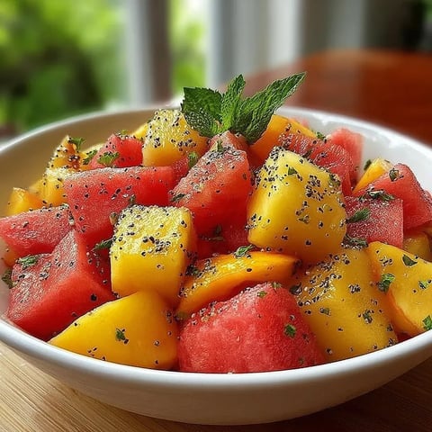 A bowl of watermelon with black seeds.