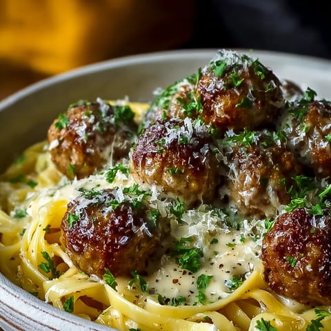 A bowl of pasta with meatballs and cheese.