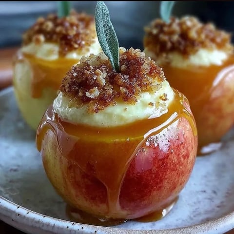 Two apples with caramel topping.