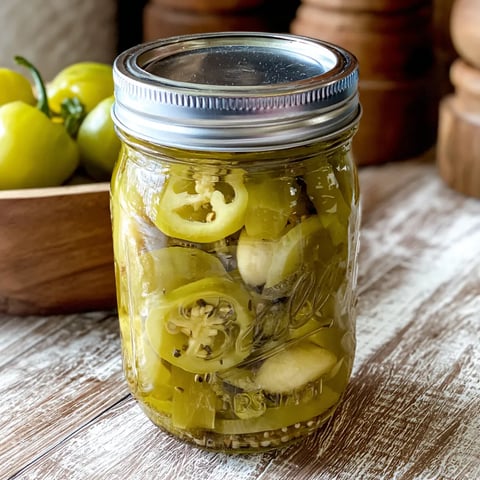 A jar of pickled green peppers.