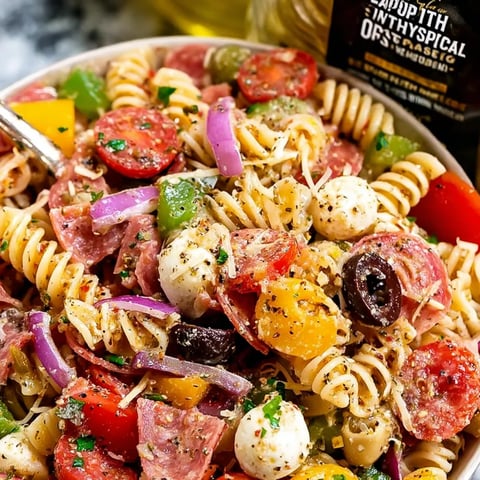 A bowl of pasta with tomatoes, peppers, and meat.