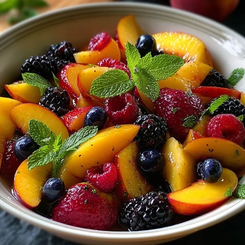 A bowl of fruit with blueberries, peaches, and blackberries.