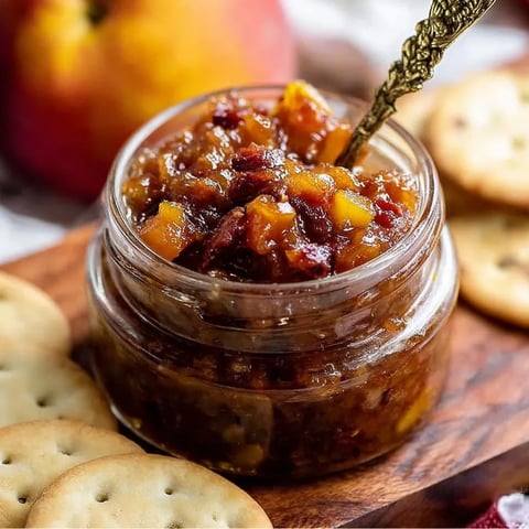 A jar of jam with a spoon in it.