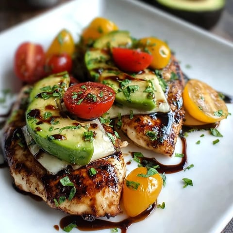 A plate of food with chicken, tomatoes, and avocado.