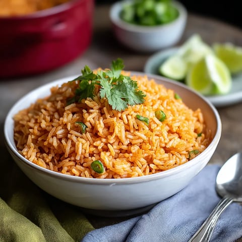A bowl of rice with a spoon on a table.
