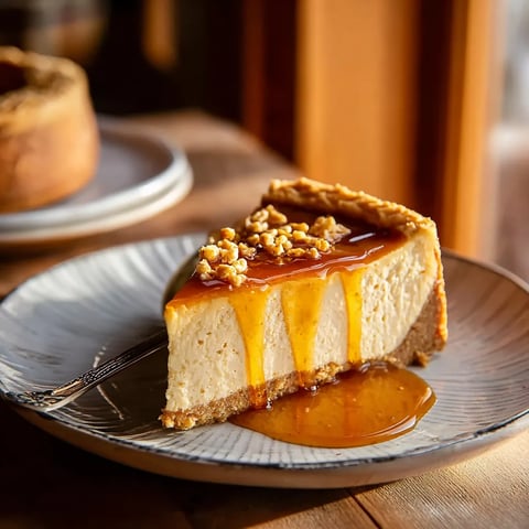 A slice of cheesecake with caramel sauce on a plate.