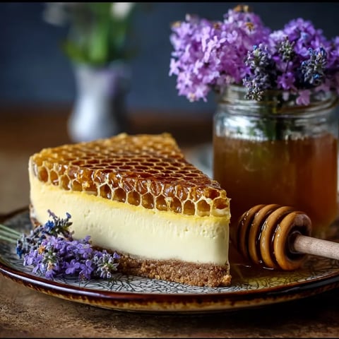 A slice of cheesecake with honey drizzled on top.