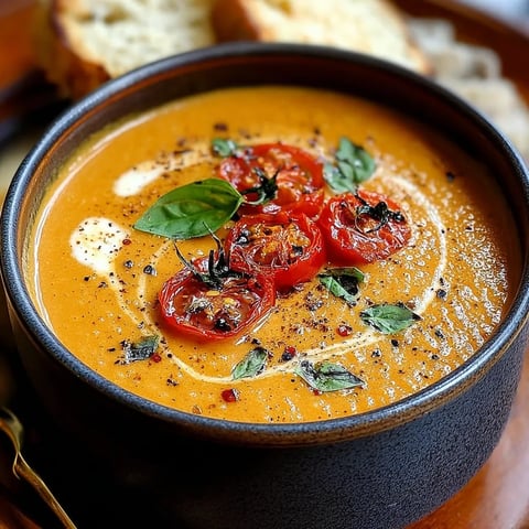 A bowl of soup with tomatoes and herbs.