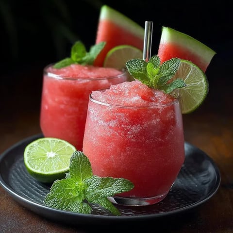 Two glasses of watermelon juice with mint leaves.
