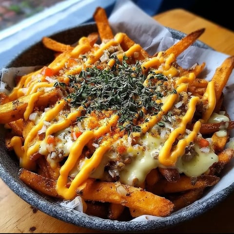 A bowl of french fries with cheese and seasoning.