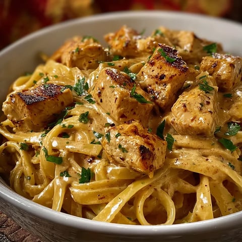 A bowl of pasta with chicken and herbs.