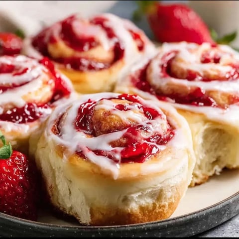A plate of pastries with strawberries and jelly.