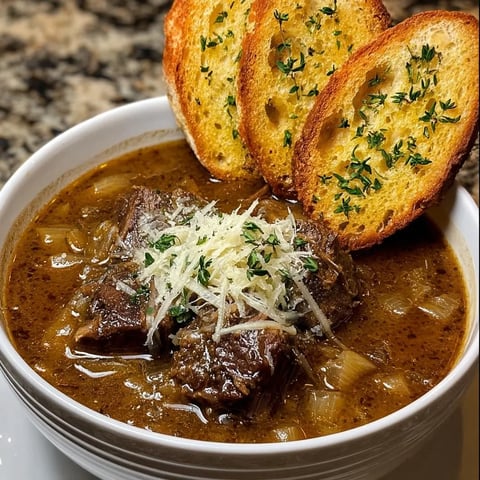A bowl of soup with bread on top.
