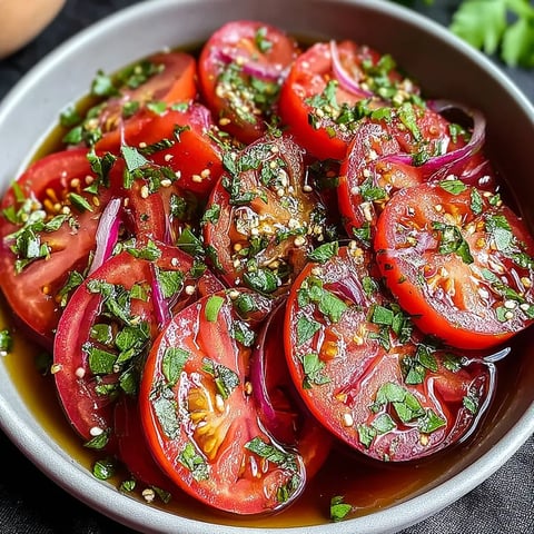 A bowl of sliced tomatoes with herbs.