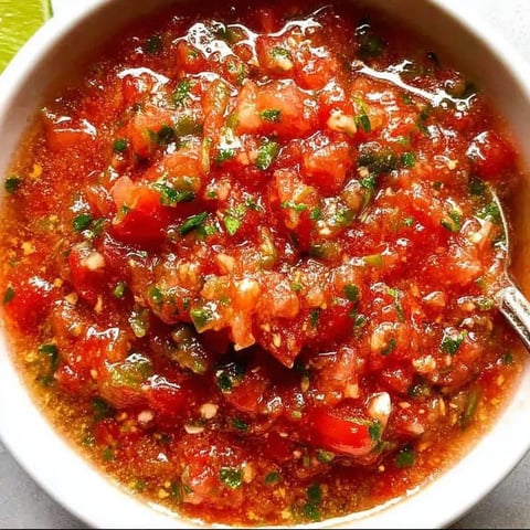 A bowl of salsa with tomatoes and green peppers.