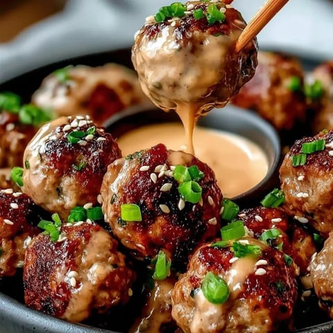 A bowl of meatballs with a spoon in it.