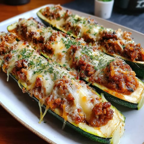 A plate of food with two zucchini slices with meat and cheese.