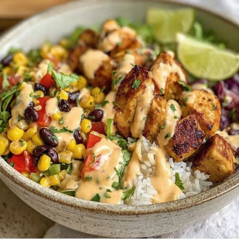 A bowl of rice, beans, corn, and chicken.
