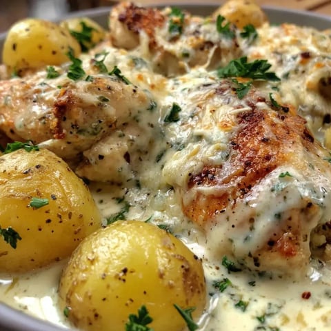 A bowl of food with chicken and potatoes.