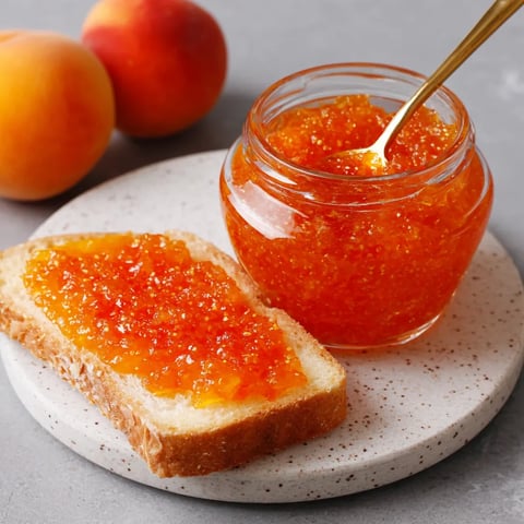 A jar of jam with a spoon in it.