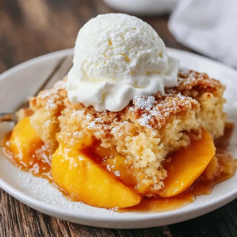 A white plate with a peach dessert and a scoop of ice cream.