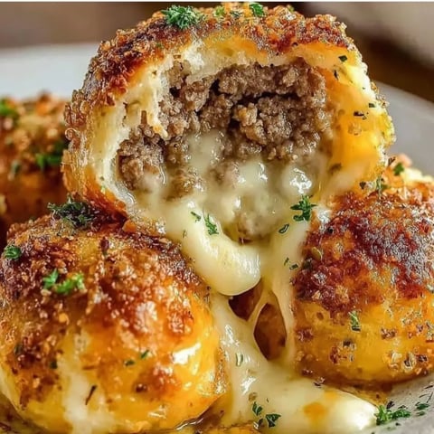 A plate of food with a cheese covered meatball.