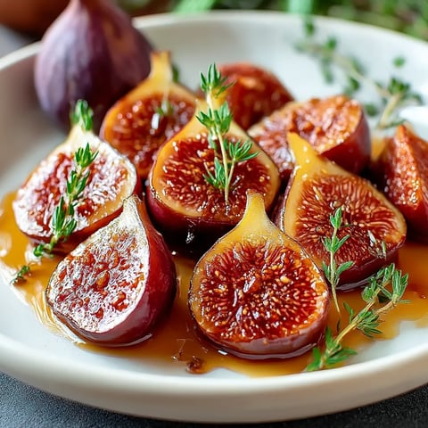 A plate of figs with herbs on it.
