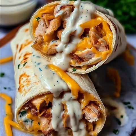 A chicken wrap with cheese and sauce.