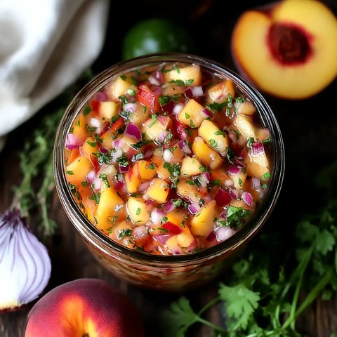 A jar of fruit salsa with a peach and onion on the side.