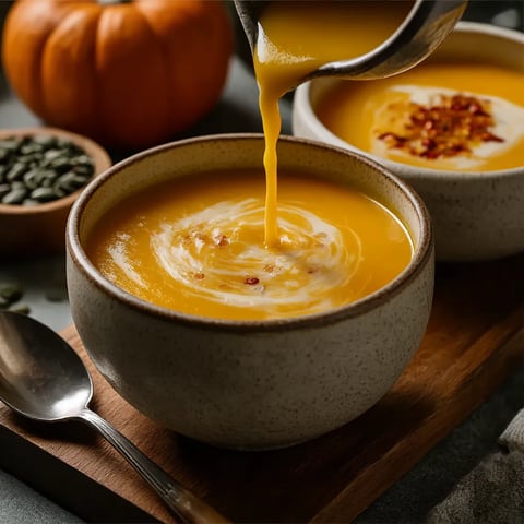 A bowl of soup with a spoon in it.