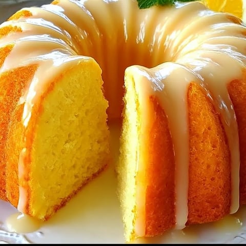 A slice of cake with a drizzle of icing.