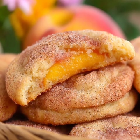 A pile of cookies with a peach in the middle.