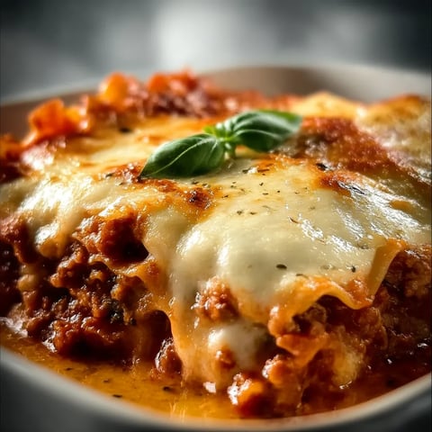 A bowl of lasagna with a green herb on top.