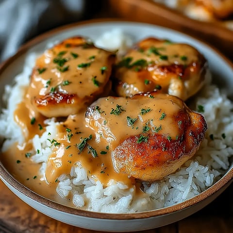 A plate of rice with chicken and gravy.