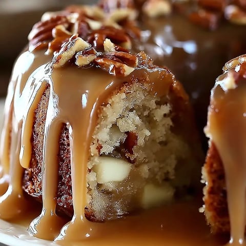 A slice of cake with caramel drizzled on top.